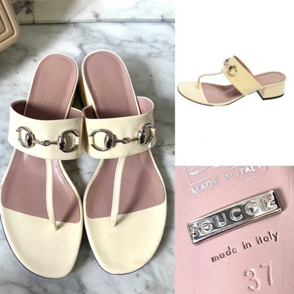 GUCCI Cream Patent Leather Horsebit Thong Sandals Size 37